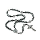 COLLAR ROSARIO COMPLETO DE HEMATITA DE 8 MM CON MEDALLA DE SAN BENITO Y CORDON