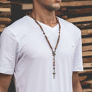 COLLAR ROSARIO DE MADERA IMBUIA DE 8 MM CON ESPADA DE SAN MIGUEL Y CIERRE